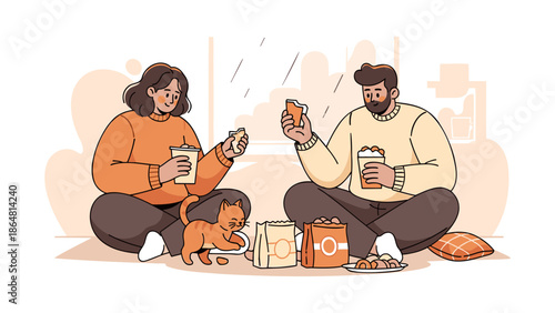 Family enjoys snack together on the floor with a playful cat