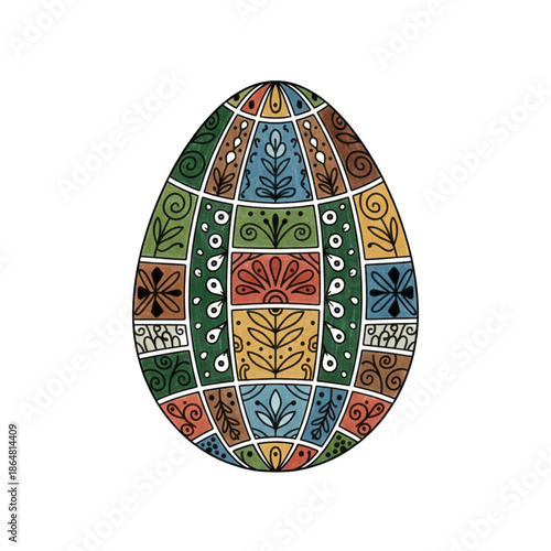 Decorative Easter egg with ethnic floral ornament in stained glass style isolated on transparent or white background, png