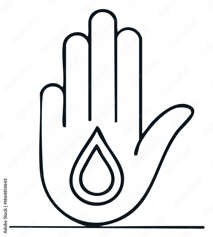 Obraz premium Open Hand Outline With Droplet Symbol Water Element Icon Protection Concept Minimalist