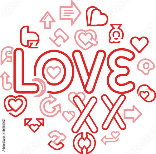 Vector art of a colorful illustration of love symbols and icons in red and pink hues