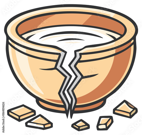 Cute cartoon broken ceramic bowl cracked in half with white liquid inside and small fragments