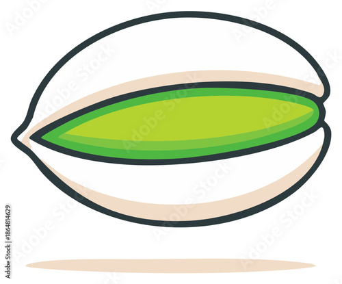 Simple illustration of a stylized pistachio nut with a green kernel and tan shell