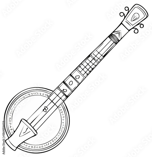 Hand Drawn Banjo Outline Illustration, String Instrument Vector, Traditional Musical Instrument Graphic Art