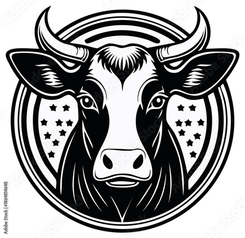 Stylized patriotic cow head logo with horns stars and stripes black and white vector icon
