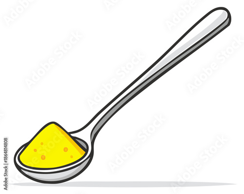 Illustration of a spoon filled with yellow powder, isolated on a white background.