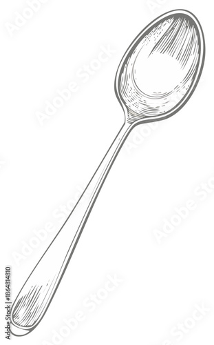 Silver spoon, vintage kitchenware drawing, cutlery illustration on white background