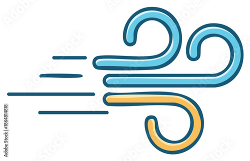 Stylized Wind Stream, Swirling Air, Windflow, Gust, Flowing Icon Sign Symbol, Blue and Yellow Weather Element, Isolated