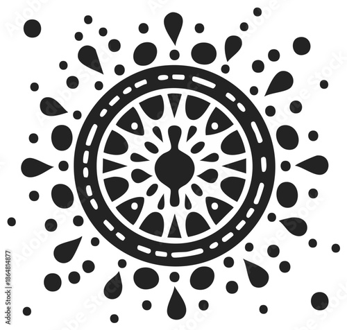 Stylized circular floral motif with dotted elements, a burst of teardrop forms and radial pattern