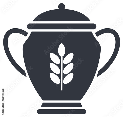 Dark blue silhouette of a lidded jar or urn decorated with a wheat stalk emblem