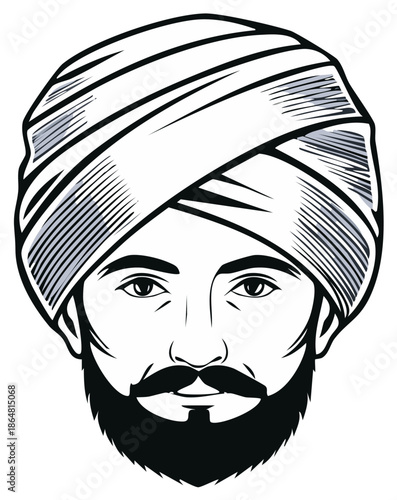 Graphic illustration of a man wearing a traditional turban and full beard in monochrome style