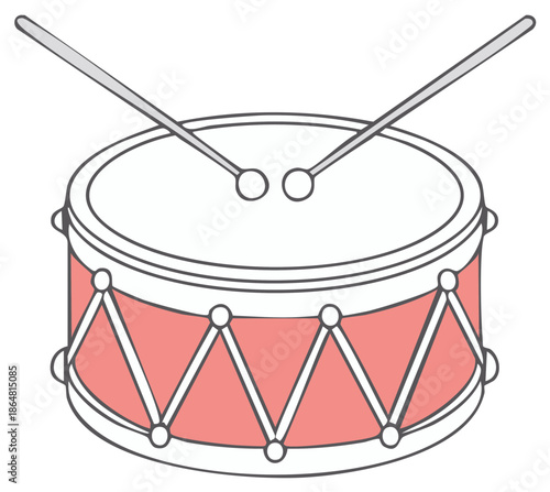 Classic red snare drum with a pair of drumsticks simple vector illustration