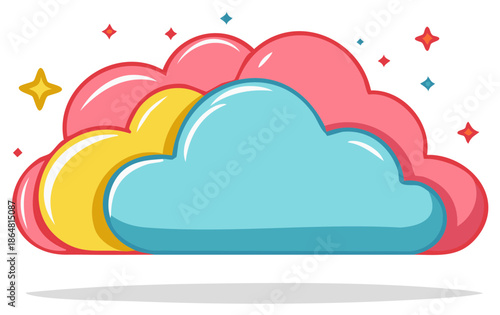 Cartoon Clouds with Stars, Colorful Cloudscape Illustration, Weather Design Element, Fluffy Clouds