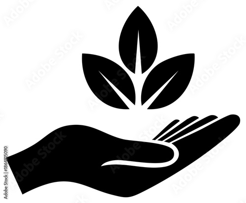 Holding nature in hand, black hand icon caring for environment and promoting sustainability