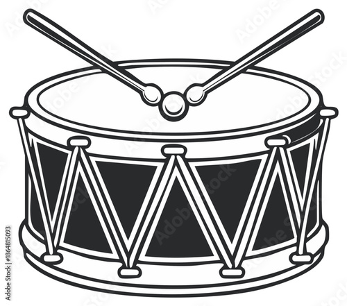Classic Snare Drum with Drumsticks Musical Percussion Instrument Black and White Outline Illustration