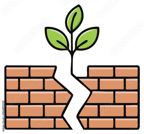 Green plant emerging from cracked brick wall symbolizing growth strength and new beginnings