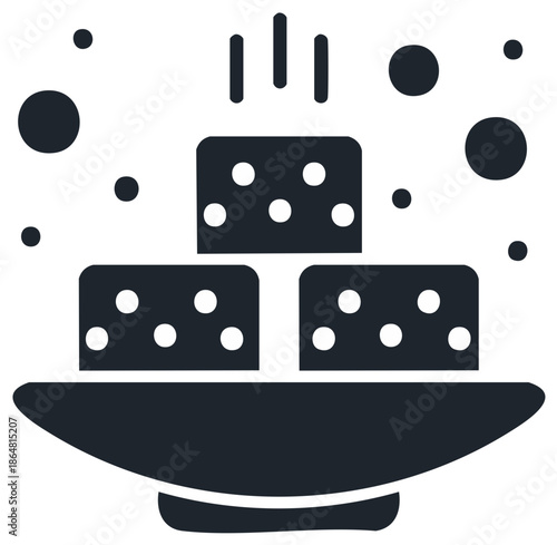 Minimalist graphic of three sugar cubes stacked in a bowl with rising steam and floating bubbles