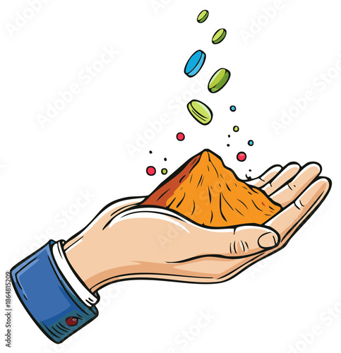 Hand Holding Pile of Orange Powder with Pills Falling Cartoon Illustration