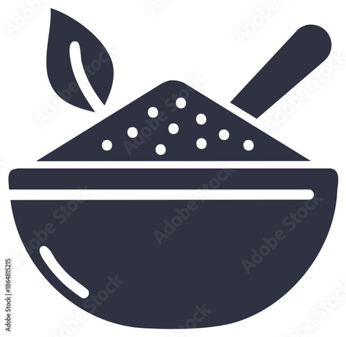 Natural herbal powder in a bowl with a leaf, symbol of organic ingredients and traditional medicine.