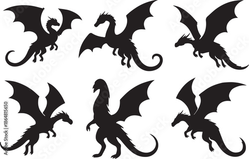 Flying dragon silhouettes collection fantasy dragon illustrations in flight, mythical creature icons, winged reptile symbols, legendary beast