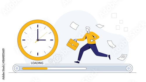Businessperson hurries along a conveyor belt as a large clock looms, with papers swirling around, symbolizing deadlines and the rush of modern work life.