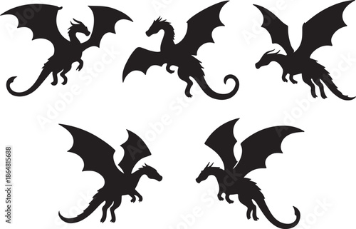 Flying dragon silhouettes collection fantasy dragon illustrations in flight, mythical creature icons, winged reptile symbols, legendary beast