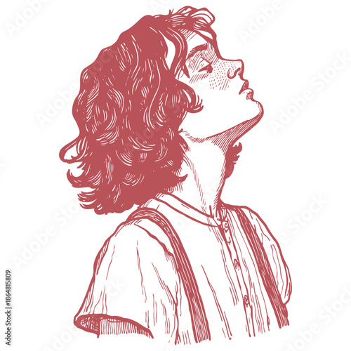 A vintage vector illustration of a young man looking up peacefully. A romantic, dreamy portrait in a hand-drawn, engraving style, isolated on white.