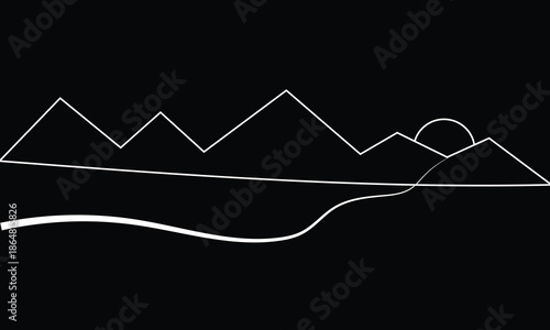 Landscape with mountain. Sunrise illustration. Nature symbol. Sunrise vector illustration for wall art. Mountains and sun continuous one white line drawing on black background.