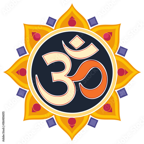 Stylized illustration of Om symbol, sacred sound and spiritual icon of Hinduism and yoga practice, with decorative floral mandala