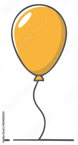 Single yellow balloon tethered with a string isolated on white background