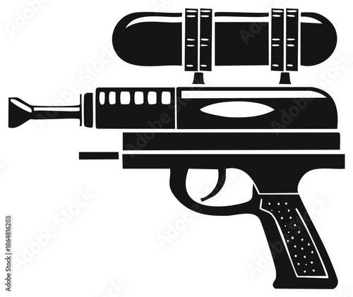 Retro futuristic ray gun weapon with telescopic sight silhouette