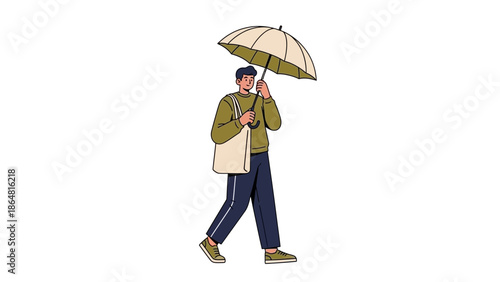 Stylish young man walking with umbrella wearing casual clothes and sneakers