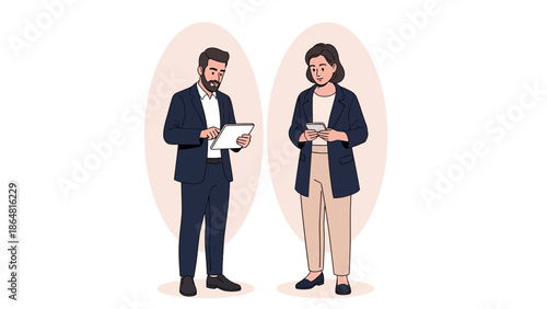 Professional Businesspeople Engaged in a Conversation While Using Digital Devices in Modern Office