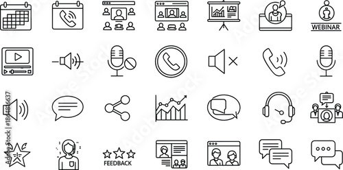 Communication icons, conferencing symbols, customer service vector, online meeting graphics, editable line art, remote collaboration illustrations, digital support elements