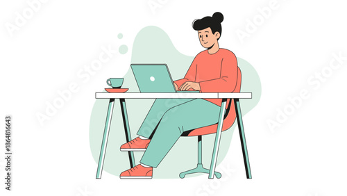 Young woman working on a laptop at a desk with a cup of tea in a modern home office setting