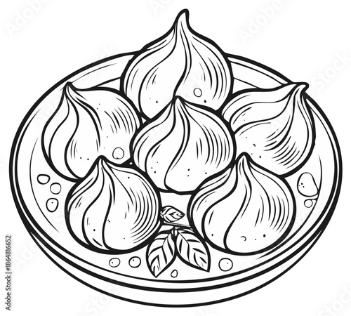 Black and white line art illustration of traditional steamed Asian dumplings on a plate