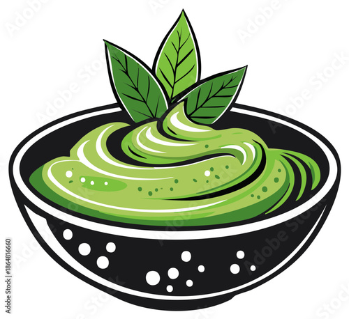 Vibrant green creamy dip in a stylish black bowl garnished with fresh leaves illustration