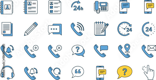 Communication icons, contact symbols, customer service tools, phone, message, headset, location pin, clock, address book, mobile, writing, notification