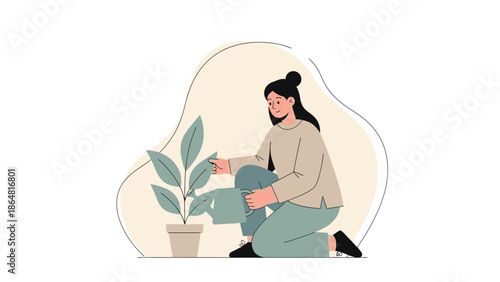 Illustration of a woman watering a houseplant in a minimalistic style emphasizing nature and care