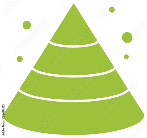 Vibrant green stylized conical shape with white horizontal lines and floating circular confetti
