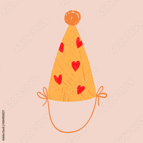 Hand-drawn birthday cone cap with fluffy pom-pom. Party celebration decorative element. Childish vector illustration