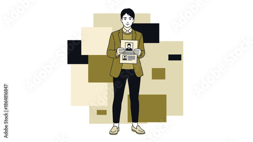 illustration of a woman holding a newspaper with a background of abstract geometric shapes in