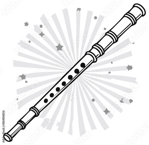 Line art of a musical wind instrument flute with a starburst background for music related designs