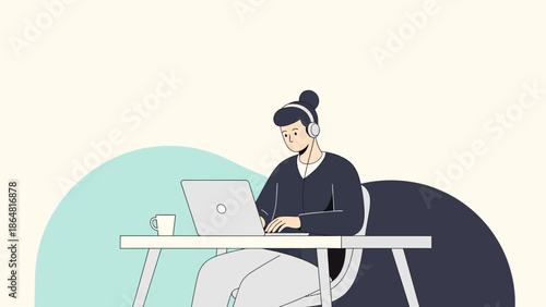 Young woman working remotely with headphones and laptop in a minimalistic home office space