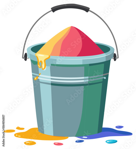 Bucket of vibrant multicolored Holi festival powder Gulal with cheerful colorful spills