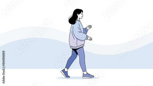 Minimalist Illustration of a Young Woman Walking and Using Her Smartphone