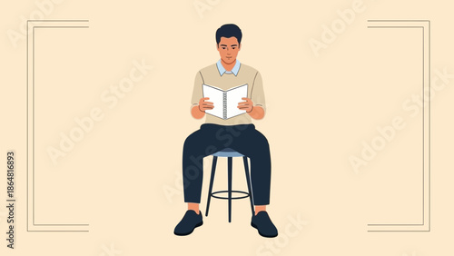 Young man sitting on stool reading a book in a minimalistic setting with elegant border lines