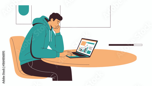Young man working on laptop at desk experiencing frustration or fatigue during work or study