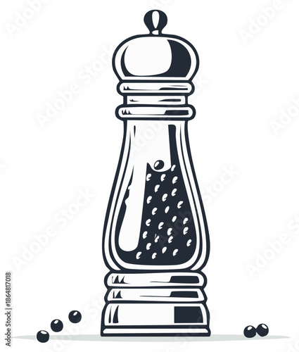 Retro Pepper Mill Design with Scattered Peppercorns Isolated Vector Image