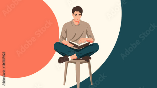 Young man sitting cross-legged on a stool reading a book with abstract background