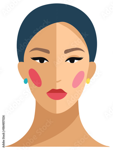 Stylized Flat Illustration of a Woman's Face with Bold Makeup and Colorful Earrings